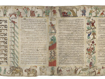 Scroll of the Book of Esther Scroll manuscript page with Hebrew text in four columns, with illustrations on top of figures seated talking to each other, working by a tree, and walking; the middle sections feature ladders and people working on trees; the bottom features elephants and rhinoceroses.
