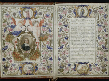 Diploma of Doctor of Medicine (University of Padua) Facing-page manuscript with Latin text on right-hand page surrounded by floral border and man in circular frame on top and bottom of page, and portrait of man on left-hand side surrounded by floral border and two cherubs with man in frames on top and bottom of page.