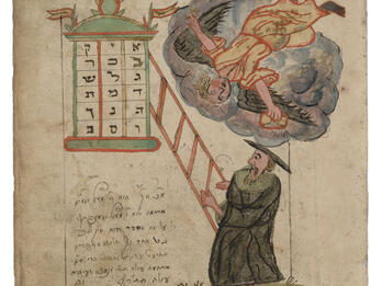 Calendar Manual Manuscript page with illustration of man on a ladder and angel above him, with Hebrew text beneath.