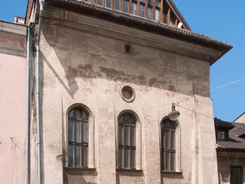 High Synagogue, Krakow Exterior photograph of building with arched windows and triangular room.
