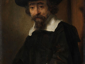 Portrait painting depicting bearded man in hat and collar facing viewer.