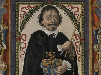 Self-Portrait Portrait painting of man in moustache and collar, holding rod, rope, and ornate book, facing viewer, framed in decorative border.