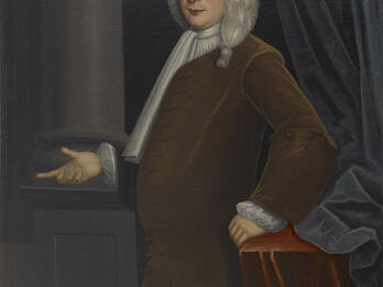 Portraits of the Franks-Levy Family Portrait painting of man standing next to column and curtain.