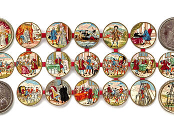 Schraubtaler (Screw Medal) of Jud Süss Oppenheimer 19 illustrations in circular frames connected by ribbon of different painted scenes of man's life from birth to gallows, and two coins, one with gallows and the other with the profile of a man.