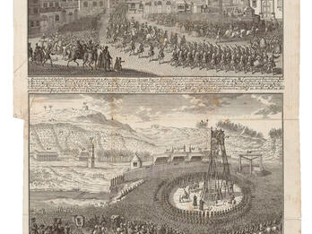 The Hanging of Jud Süss Print in two panels, with miniature portraits of two men at top of page, and German text below each panel: the top panel of procession of many people through city square, and the bottom panel of large crowd of people outdoors around a gallows on a tower.