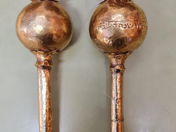 Torah Finials Two finials with Hebrew inscription on one.
