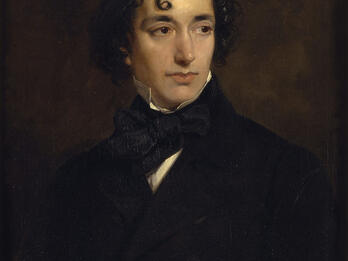 The Right Hon. B. Disraeli M.P. Chancellor of the Exchequer, Portrait painting of young man looking to his left.