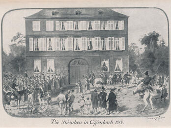 Eva Frank’s house in Offenbach during the visit of Tsar Alexander I, November 1813 Image of house with many windows surrounded by soldiers on horseback and people.