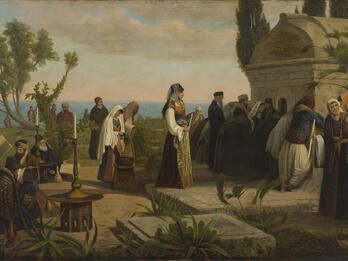 Painting of travelers surrounding tomb.