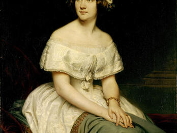 Portrait of the Singer Jenny Lind (the "Swedish Nightingale") Portrait painting of woman wearing an off-the-shoulder dress and flowers in her hair, and her hands folded on lap.