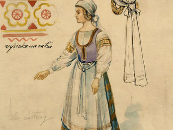 Drawing of Costume for Jitka in the First Production of the Opera Dalibor by Bedřich Smetana Drawing of floral image, young girl in costume, and bonnet.