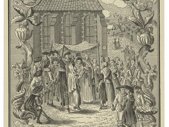 Etching of ceremony under marriage canopy outside a building, surrounded by people and framed by decorative motif. 
