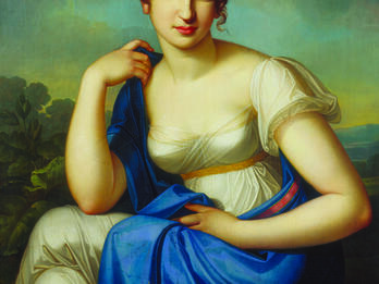 Portrait of Amalie Beer Portrait painting of woman in dress and decorative shawl sitting with natural landscape in background.