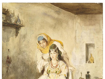 Watercolor featuring seated young woman in beaded headdress and flowing dress, and another woman in shawl leaning over her. 