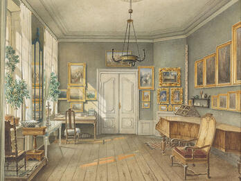 The Music Room of Fanny Hensel Painting of room featuring natural light, grand piano, and walls filled with pictures in gold frames.