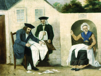Painting of men cutting cloth and women sewing. 