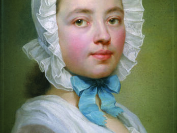 Painting of woman in bonnet facing viewer.