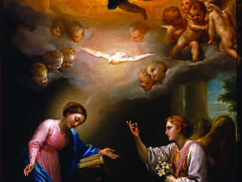 Annunciation Painting of two figures in robes, with celestial scene featuring dove, cherubs, and a God-like figure above.