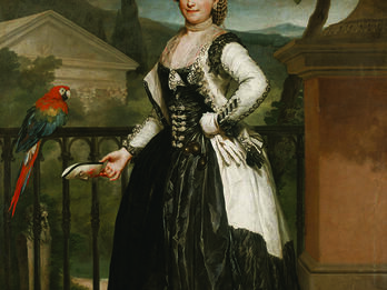 Full body portrait painting of woman wearing gown and hat standing in front of a railing next to parrot.