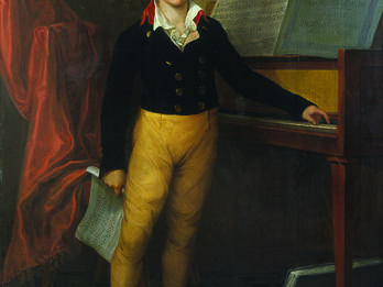 Portrait painting of young man standing next to piano and holding sheet music.