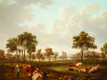 Landscape with Figures Rural landscape painting with house and lake in the background, and cows, a man, a woman, and a dog in the foreground.