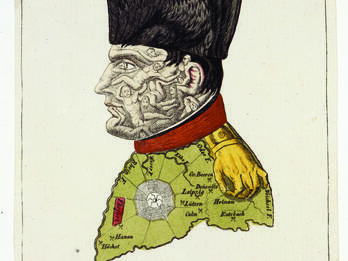 Triumph des Jahres 1813 (Triumph of the Year 1813) Profile hand-colored etching of man, with line drawings of bodies on his face, wearing a hat in the shape of crow, and shirt and epaulets in the shape of a map with hand outstretched over it.