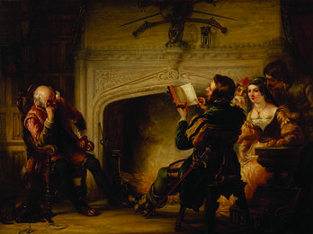 An Early Reading of Shakespeare Painting of domestic interior showing figures of men and women listening to a man reading.