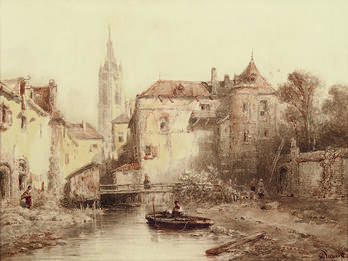 Townview with Bell Tower in the Background Ink and watercolor on paper depicting waterway with man in boat in foreground and city buildings, including bell tower, in background.