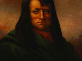 Portrait of Wakara Portrait painting of man with long hair and necktie facing viewer.