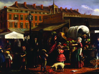 Canal Street Market Painting of animals, men, women, and children at a street market with vendors.