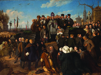 The Funeral of the Five Victims Painting of men carrying coffins of victims as men and women bow, with bishop and clergy looking on from hill.