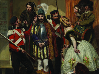 The Arrest of the Deserter Painting of man in cape and handcuffs while two women talk to police officers next to a man holding a marching bass drum.
