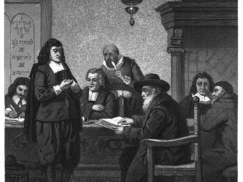 Spinoza before His Judges Lithograph of man with long hair standing before table of seated men.