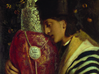 Carrying the Scrolls of the Law Painting of man with eyes closed holding Torah scroll.