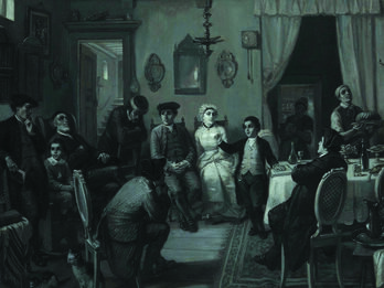 The Bar Mitzvah Discourse Painting of several men and a woman sitting next to boy speaking.