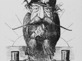 “L’aigle déplumé! . . .” (The Bald Eagle!) Print depicting a man's head wearing helmet on an eagle's body chained to a perch and French caption.