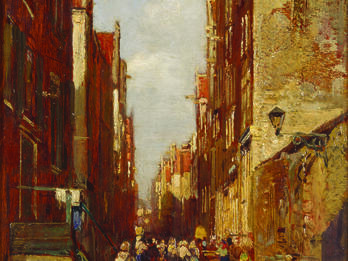 Jewish Street in Amsterdam Painting depicting figures walking down a stone city street.