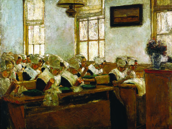 The Dutch Sewing School Painting of women seated at rows of desks sewing.