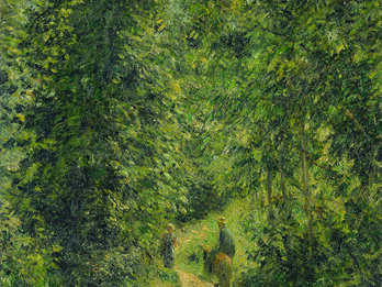 A Road in the Woods in Summer Painting depicting two people and animal walking through the woods away from viewer.