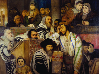 Painting depicting men in skullcaps and prayer shawls in foreground at podiums, one holding a Torah scroll, and women in background in hats and shawls.