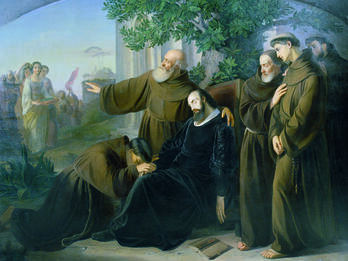 The Death of Tasso Painting of monks standing around slumped-down, pale figure.