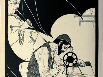 Devil Sucking the Blood of a Sweatshop Tailor Illustration of winged devil sucking blood from the neck of a man in head covering seated at a sewing machine.