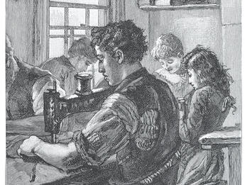 Jewish Tailor’s Workshop Illustration of four figures sitting at a table, sewing.