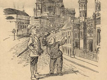 Sample from “Besszer” Calendar: Foreigners in Budapest Engraving of two people speaking in the street.