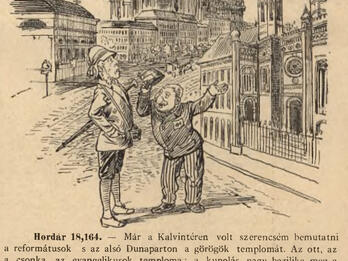 Engraving of two people speaking in the street.