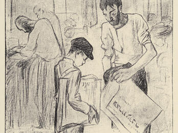 Drawing of man buying a newspaper from a young boy with other men in the background.