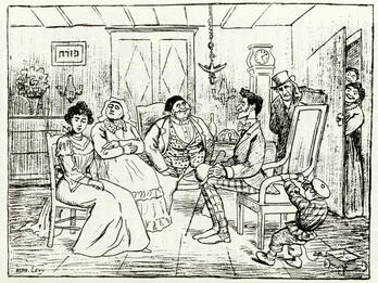 Familiar Jewish Scenes Drawing of women seated in front of a man as two men spy on the scene from behind a door.