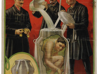 Houdini’s Death-Defying Mystery Poster of men pouring water over man sitting in can filled with water and secured by locks.