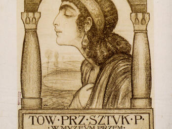 Page with Polish text on bottom and drawing of head in profile in center.