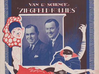 Broadway’s Not a Bad Place after All Poster with English text and photograph of two men, surrounded by drawing of a clown and a woman in a mask dancing.